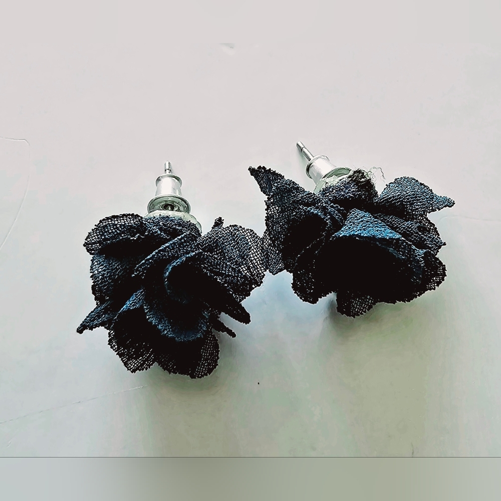 Small blue sheer floral cut post earrings, romantic, simple, delicate